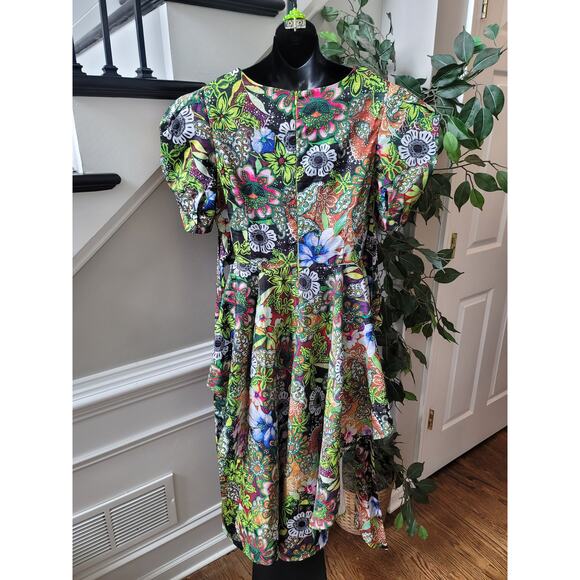 Kosmios Shirt Women's Large Multicolor Puff Sleeve Peplum Top High Low - Picture 9 of 14